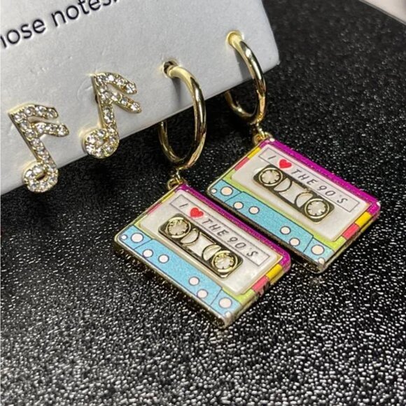BAUBLEBAR SUGARFIX 3 pair Earrings - Microphone Music Note Cassette Tape 90s NEW - Picture 3 of 6